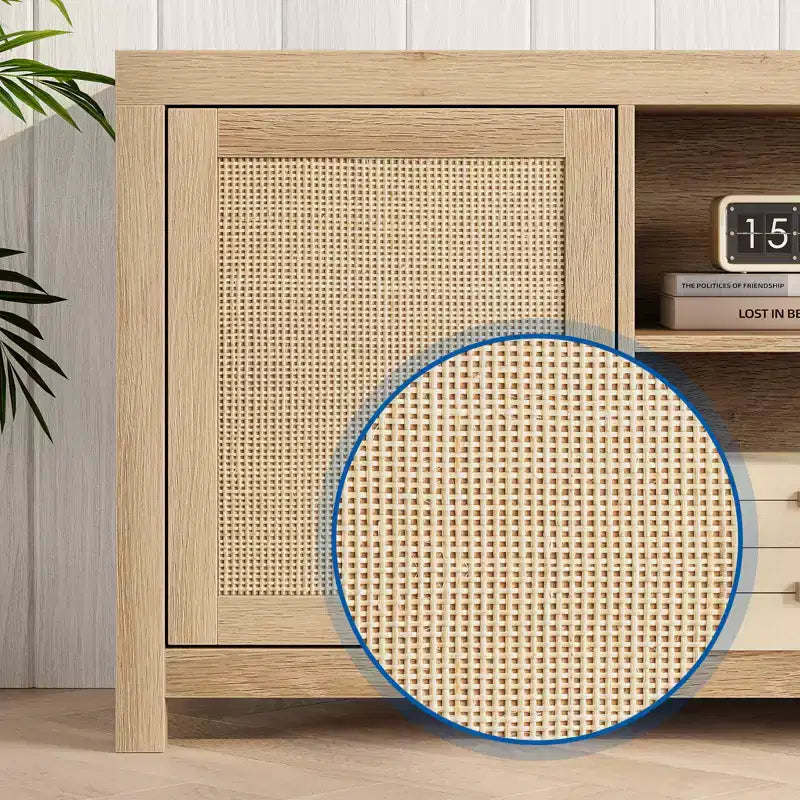 Meuble TV de 168 cm avec 2 portes en rotin et étagères réglables – Style Campagne