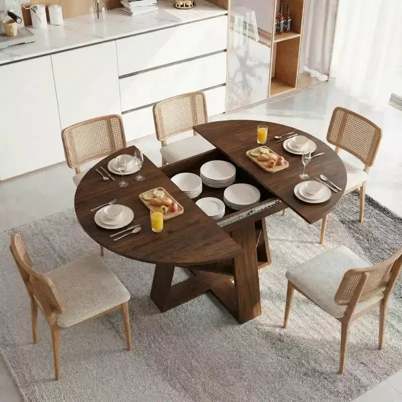 Table à manger ronde extensible pour 4 à 8 personnes avec étagère de rangement – Bois MDF de style ferme moderne