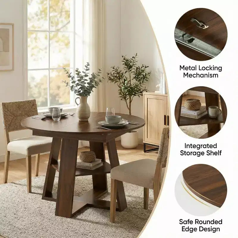 Table à manger ronde extensible pour 4 à 8 personnes avec étagère de rangement – Bois MDF de style ferme moderne