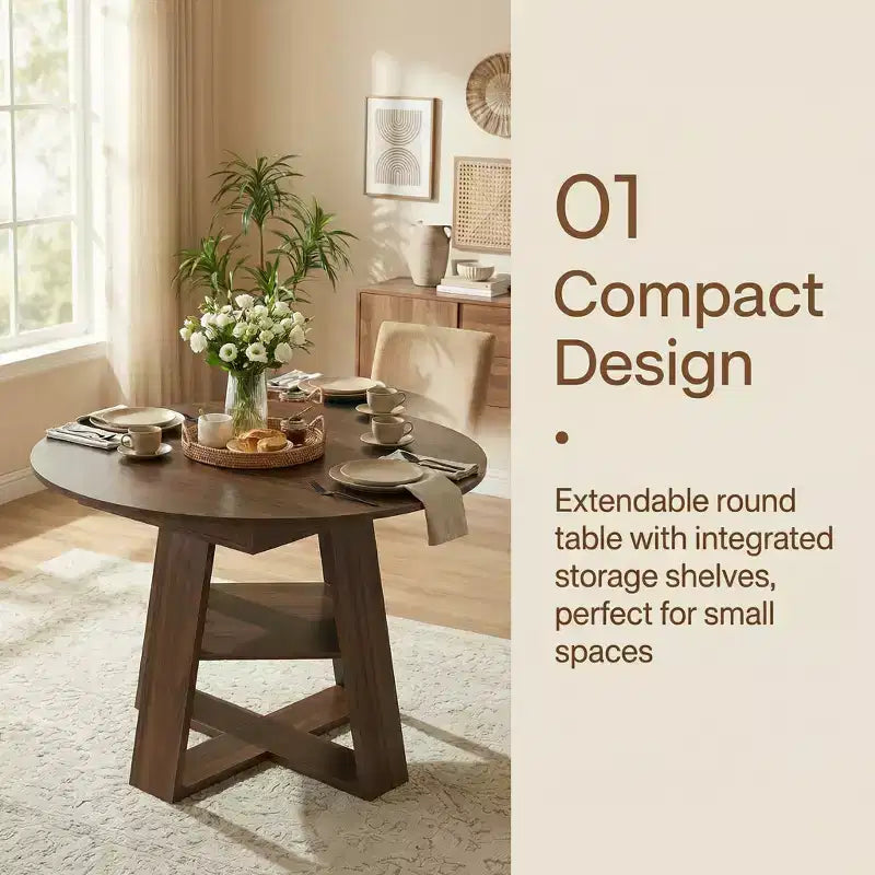 Table à manger ronde extensible pour 4 à 8 personnes avec étagère de rangement – Bois MDF de style ferme moderne