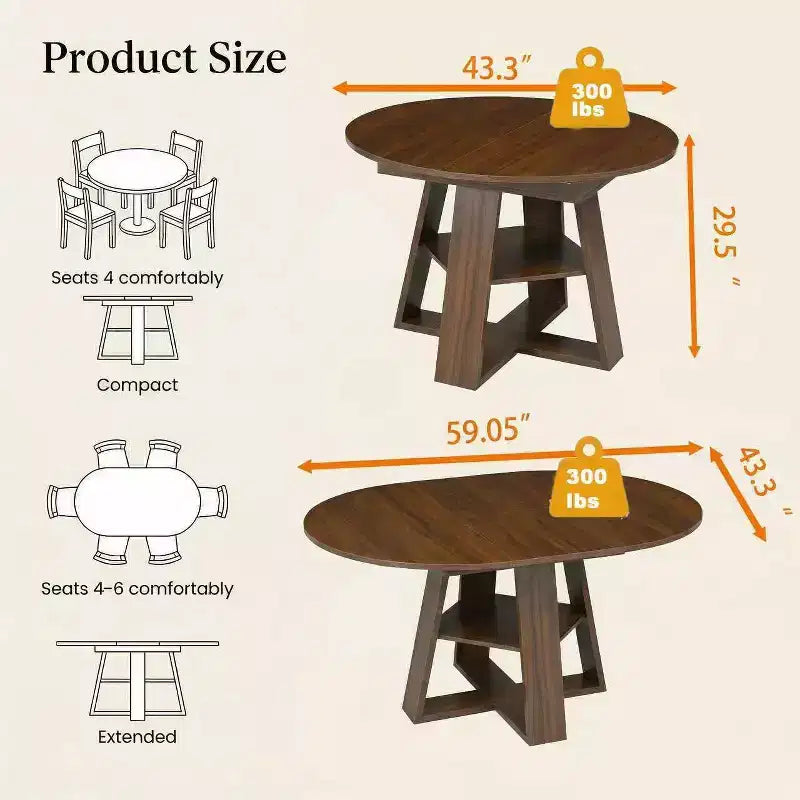 Table à manger ronde extensible pour 4 à 8 personnes avec étagère de rangement – Bois MDF de style ferme moderne