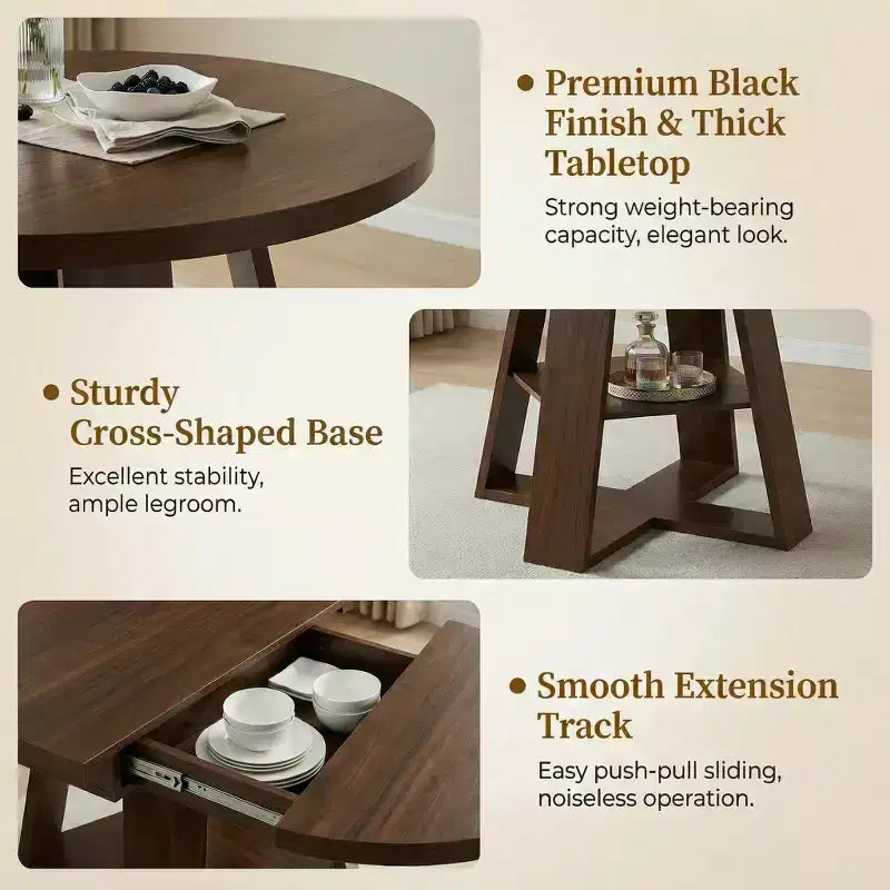 Table à manger ronde extensible pour 4 à 8 personnes avec étagère de rangement – Bois MDF de style ferme moderne