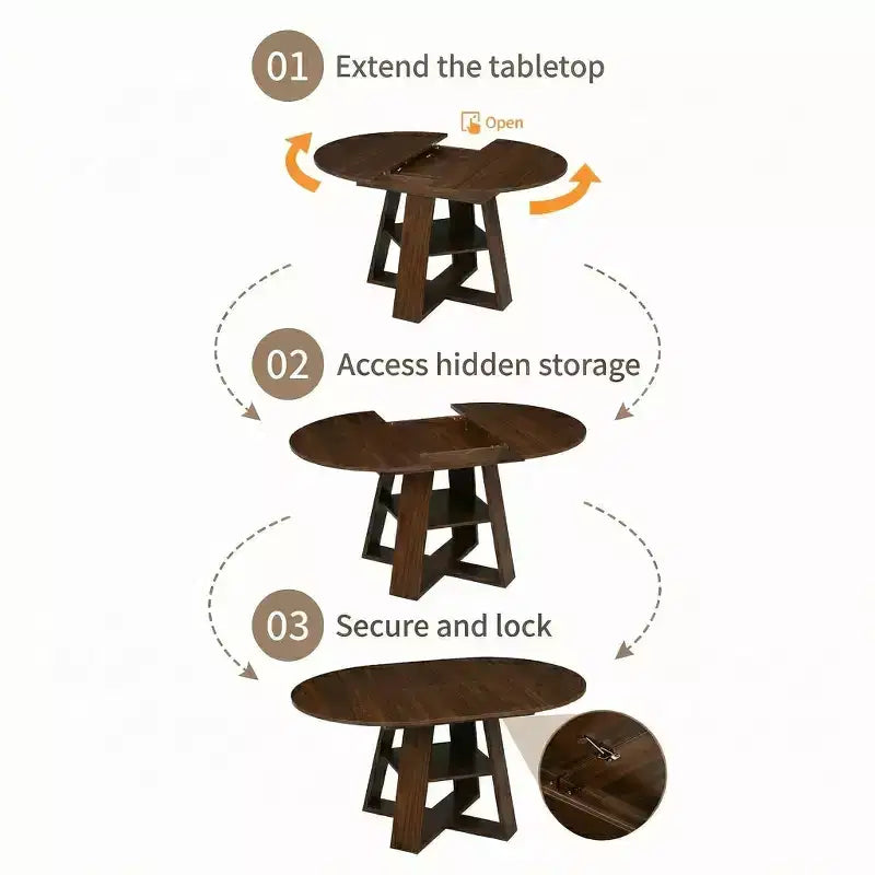 Table à manger ronde extensible pour 4 à 8 personnes avec étagère de rangement – Bois MDF de style ferme moderne