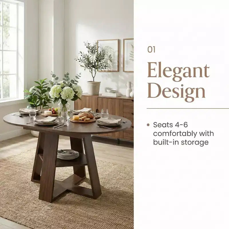 Table à manger ronde extensible pour 4 à 8 personnes avec étagère de rangement – Bois MDF de style ferme moderne