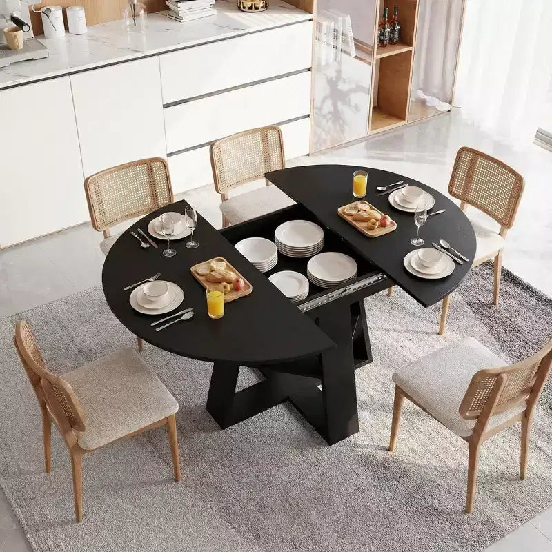 Table à manger ronde extensible pour 4 à 8 personnes avec étagère de rangement – Bois MDF de style ferme moderne