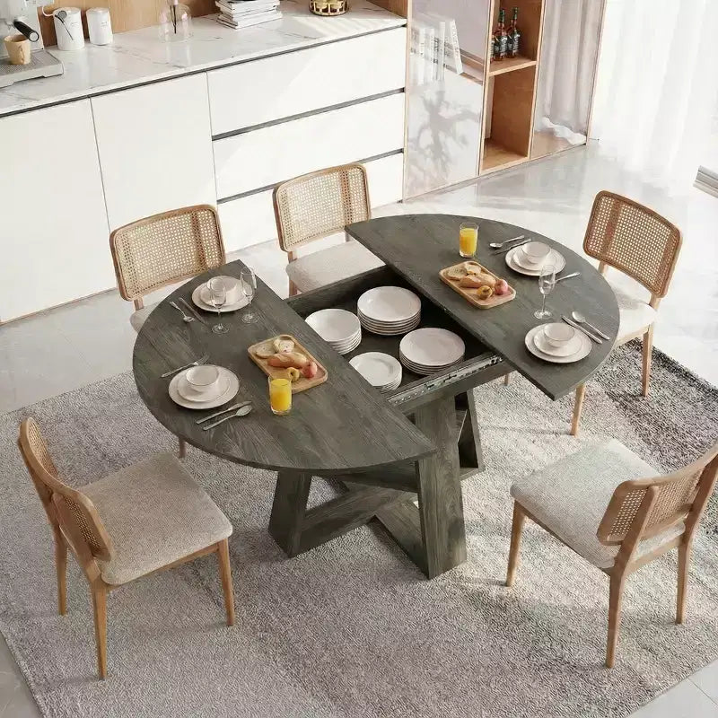 Table à manger ronde extensible pour 4 à 8 personnes avec étagère de rangement – Bois MDF de style ferme moderne