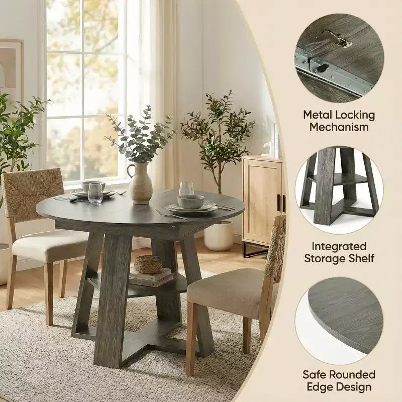 Table à manger ronde extensible pour 4 à 8 personnes avec étagère de rangement – Bois MDF de style ferme moderne