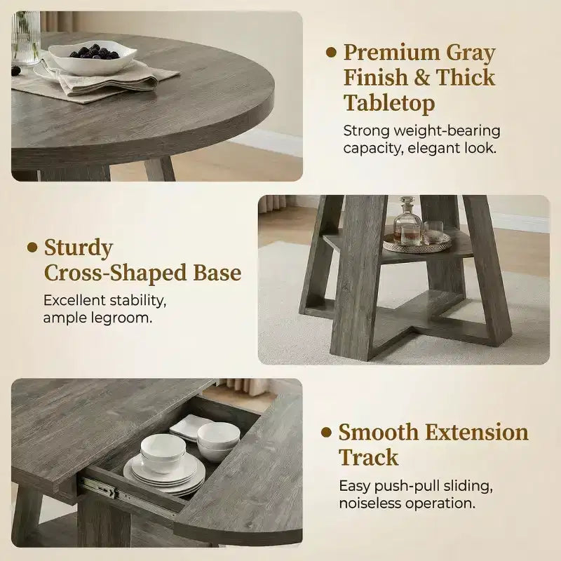 Table à manger ronde extensible pour 4 à 8 personnes avec étagère de rangement – Bois MDF de style ferme moderne