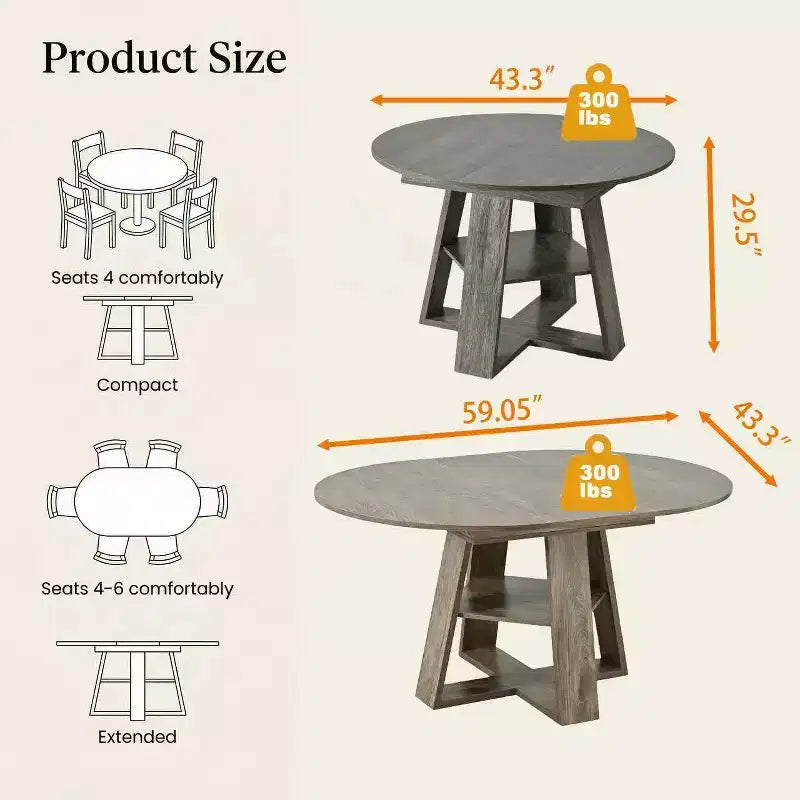 Table à manger ronde extensible pour 4 à 8 personnes avec étagère de rangement – Bois MDF de style ferme moderne