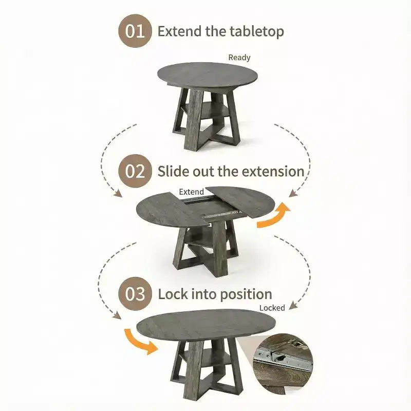 Table à manger ronde extensible pour 4 à 8 personnes avec étagère de rangement – Bois MDF de style ferme moderne