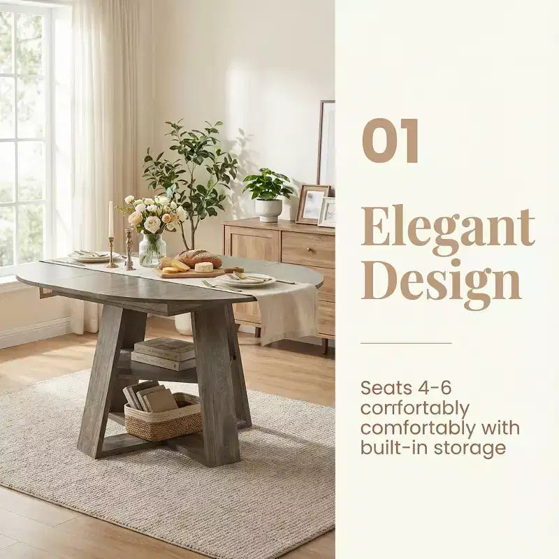 Table à manger ronde extensible pour 4 à 8 personnes avec étagère de rangement – Bois MDF de style ferme moderne