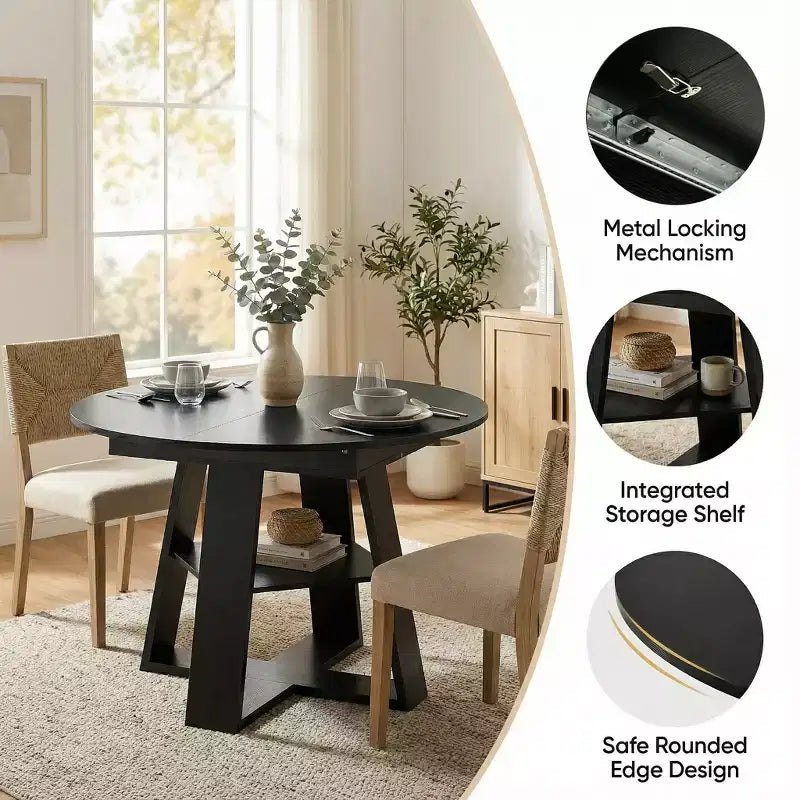 Table à manger ronde extensible pour 4 à 8 personnes avec étagère de rangement – Bois MDF de style ferme moderne