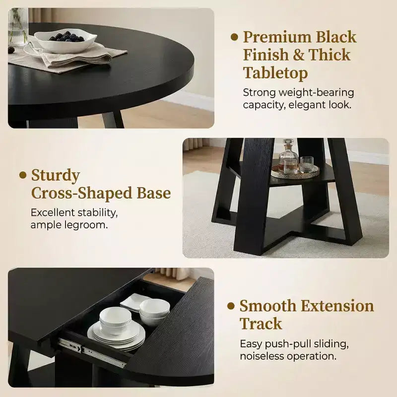 Table à manger ronde extensible pour 4 à 8 personnes avec étagère de rangement – Bois MDF de style ferme moderne