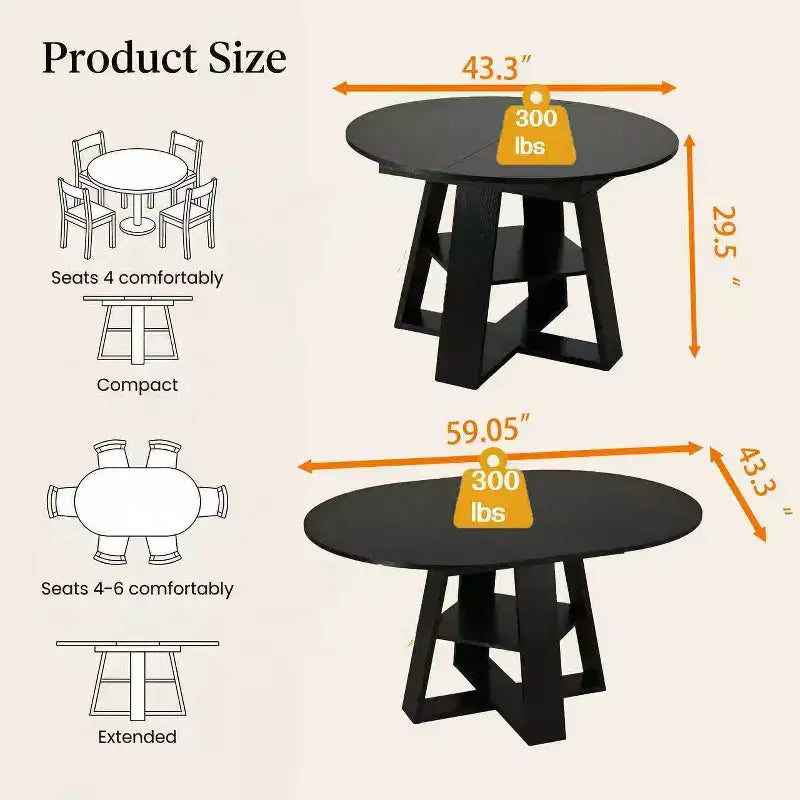 Table à manger ronde extensible pour 4 à 8 personnes avec étagère de rangement – Bois MDF de style ferme moderne