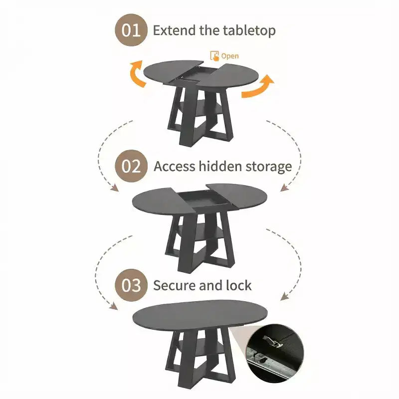 Table à manger ronde extensible pour 4 à 8 personnes avec étagère de rangement – Bois MDF de style ferme moderne