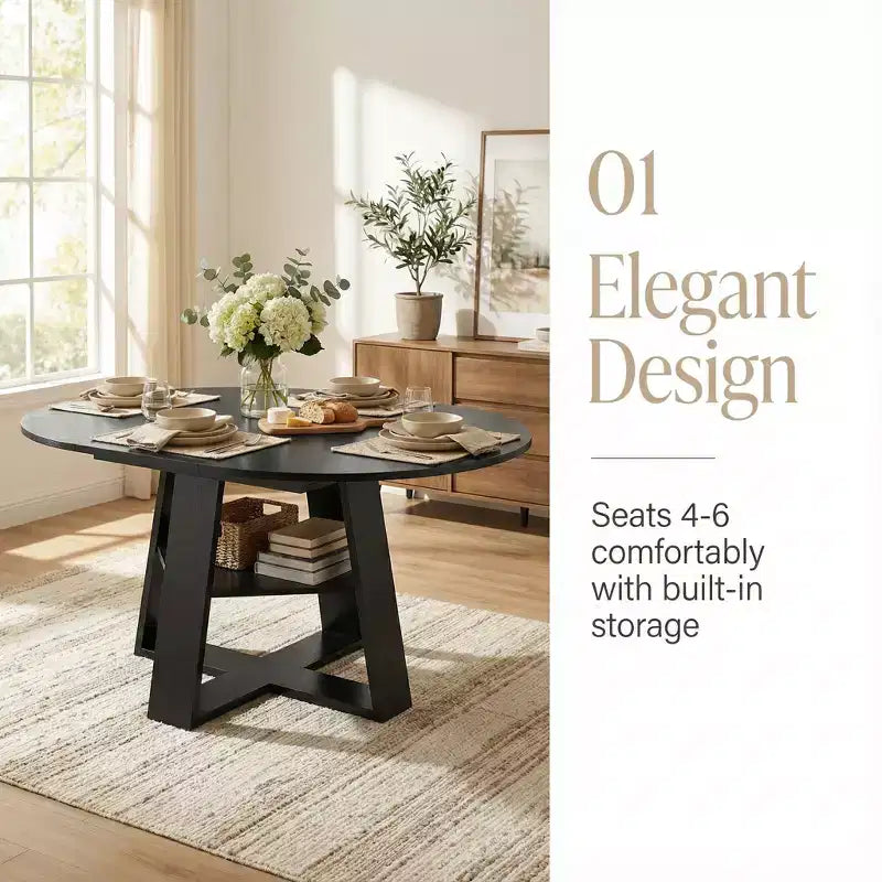 Table à manger ronde extensible pour 4 à 8 personnes avec étagère de rangement – Bois MDF de style ferme moderne