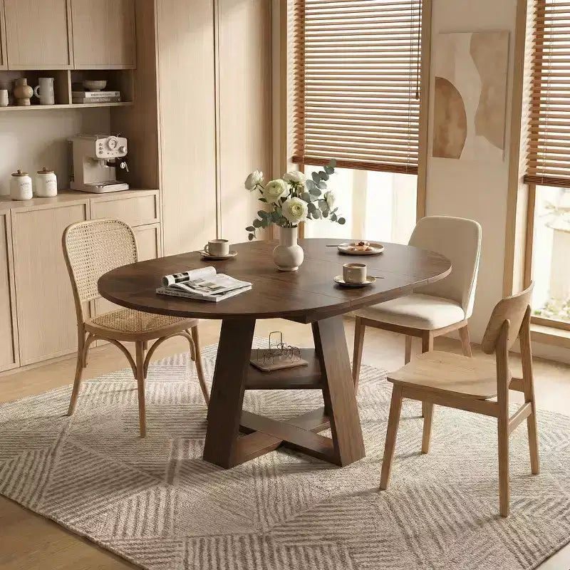 Table à manger ronde extensible pour 4 à 8 personnes avec étagère de rangement – Bois MDF de style ferme moderne