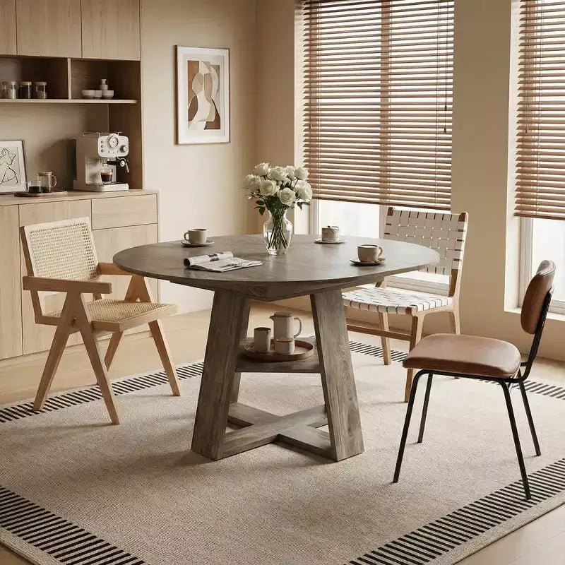 Table à manger ronde extensible pour 4 à 8 personnes avec étagère de rangement – Bois MDF de style ferme moderne