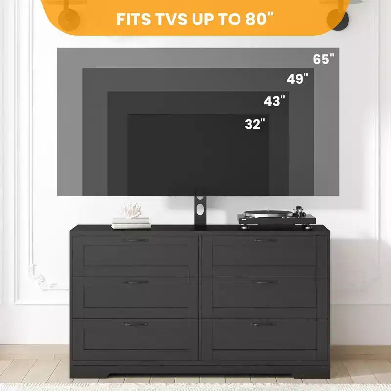 Meuble TV avec support réglable en hauteur et commode à 6 tiroirs – Convient aux téléviseurs de 32 à 85 pouces