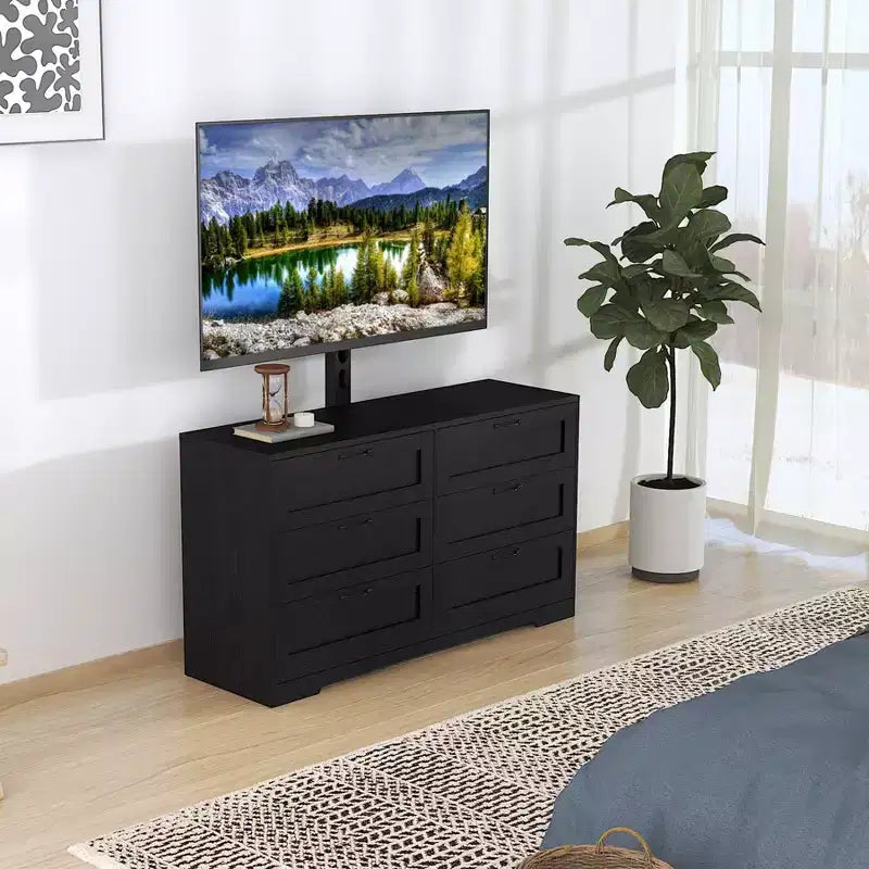 Modern TV Stand with Height Adjustable Mount - 6 Drawer Storage Dresser - Fits 32-80 Inch TVs - Entertainment Console Table for Bedroom