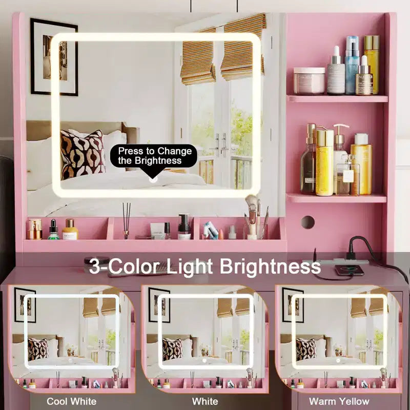 Coiffeuse rose avec miroir LED, tabouret et prise de courant – Table de maquillage avec tiroirs et étagères