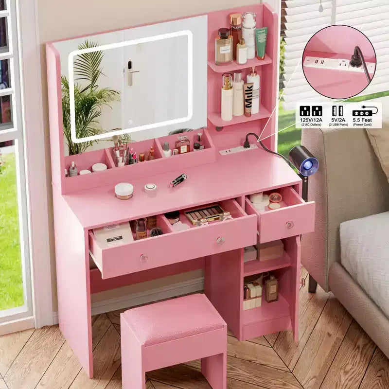 Coiffeuse rose avec miroir LED, tabouret et prise de courant – Table de maquillage avec tiroirs et étagères