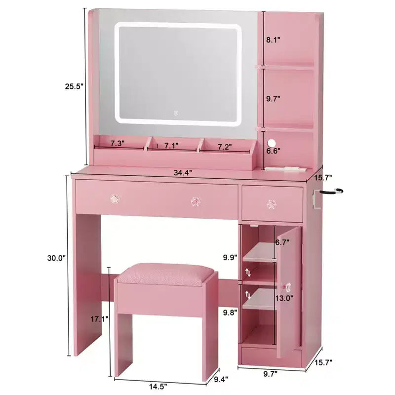 Coiffeuse rose avec miroir LED, tabouret et prise de courant – Table de maquillage avec tiroirs et étagères
