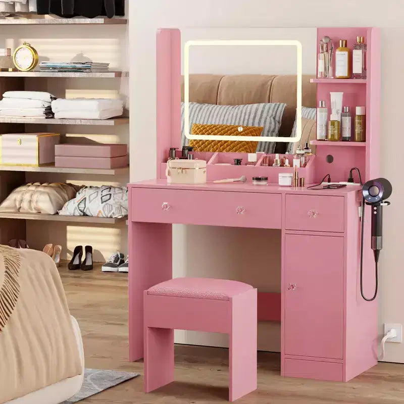 Coiffeuse rose avec miroir LED, tabouret et prise de courant – Table de maquillage avec tiroirs et étagères