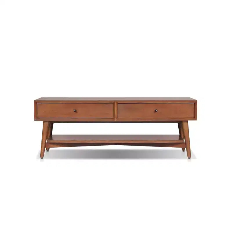 Table basse en châtaignier avec tiroirs doublés de feutre et étagère ouverte – Bois moderne du milieu du siècle