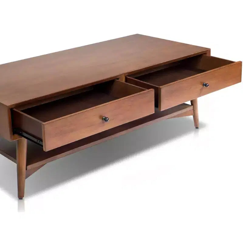Table basse en châtaignier avec tiroirs doublés de feutre et étagère ouverte – Bois moderne du milieu du siècle