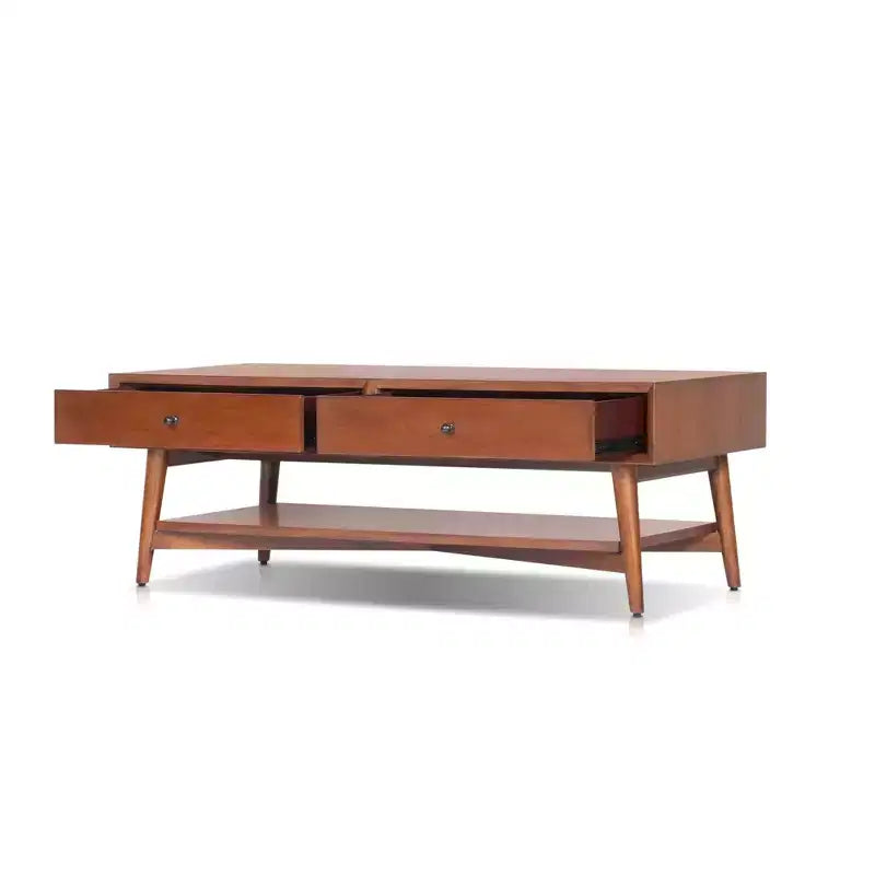 Table basse en châtaignier avec tiroirs doublés de feutre et étagère ouverte – Bois moderne du milieu du siècle