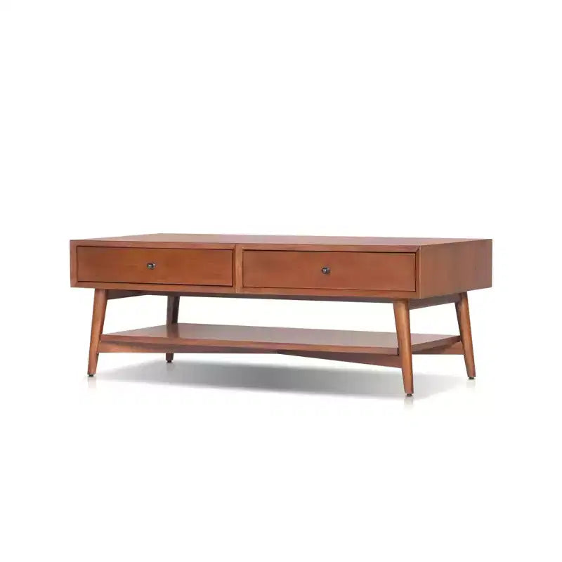 Table basse en châtaignier avec tiroirs doublés de feutre et étagère ouverte – Bois moderne du milieu du siècle