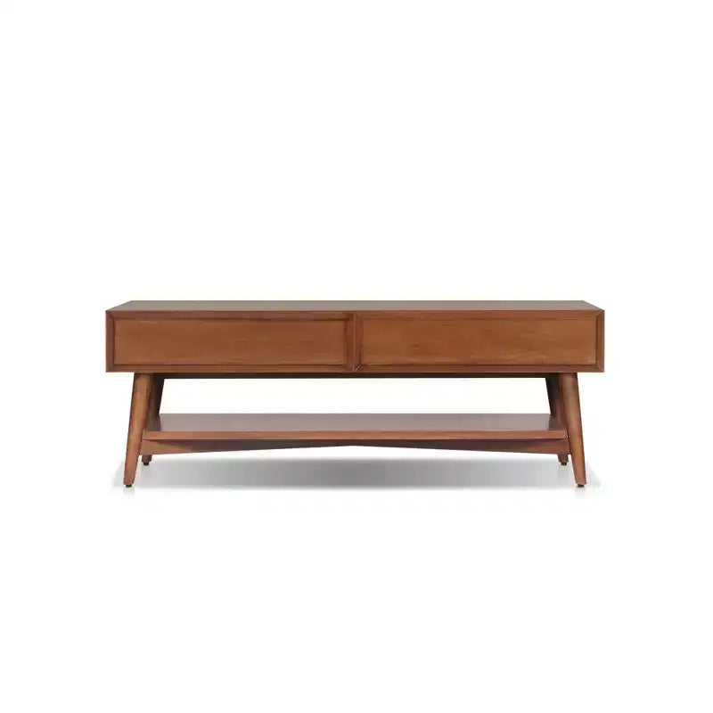 Table basse en châtaignier avec tiroirs doublés de feutre et étagère ouverte – Bois moderne du milieu du siècle