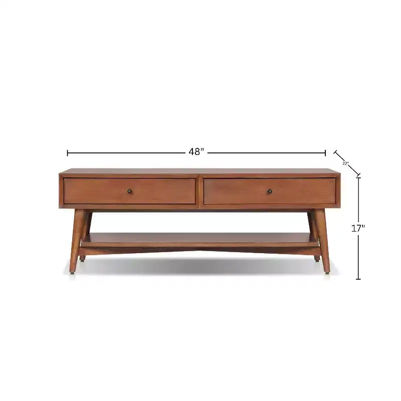 Table basse en châtaignier avec tiroirs doublés de feutre et étagère ouverte – Bois moderne du milieu du siècle