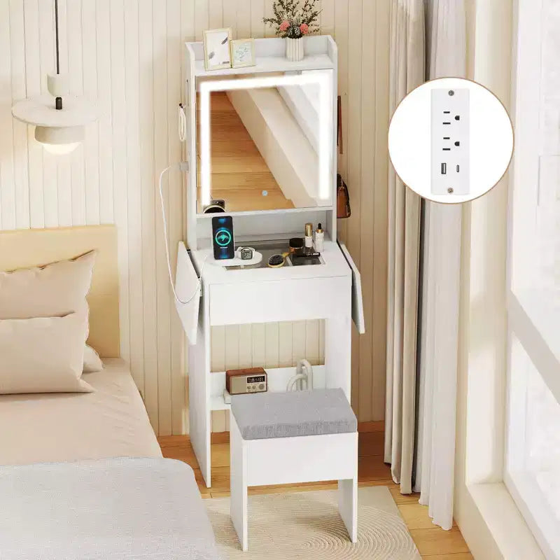 Coiffeuse avec miroir LED, tabouret, 2 tables à abattants et station de charge – Noir/Blanc