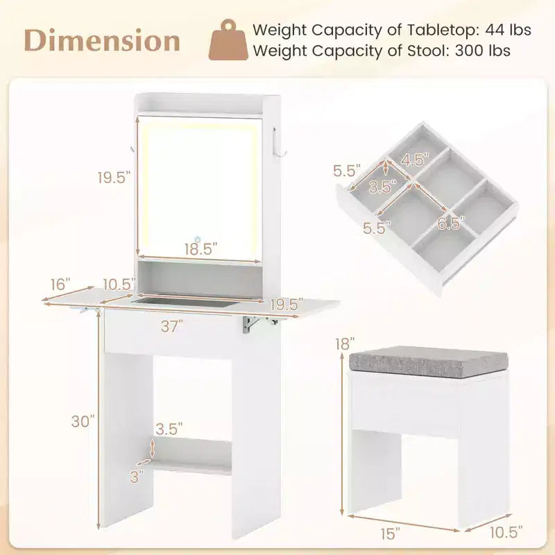 Coiffeuse avec miroir LED, tabouret, 2 tables à abattants et station de charge – Noir/Blanc