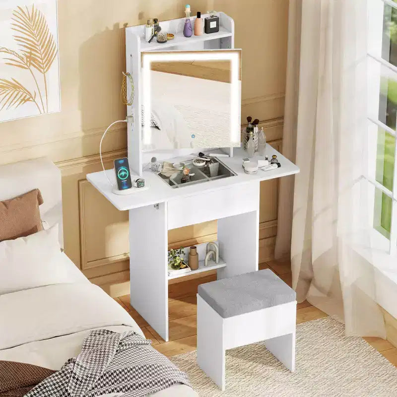 Coiffeuse avec miroir LED, tabouret, 2 tables à abattants et station de charge – Noir/Blanc