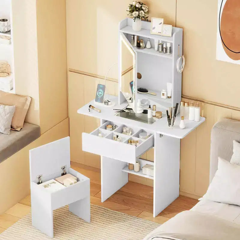 Coiffeuse avec miroir LED, tabouret, 2 tables à abattants et station de charge – Noir/Blanc