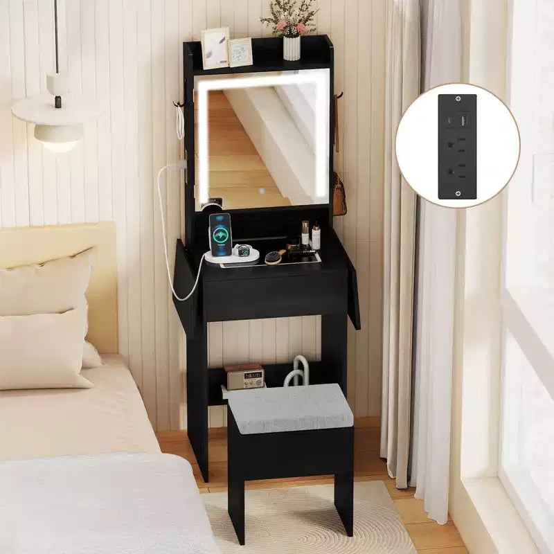 Coiffeuse avec miroir LED, tabouret, 2 tables à abattants et station de charge – Noir/Blanc