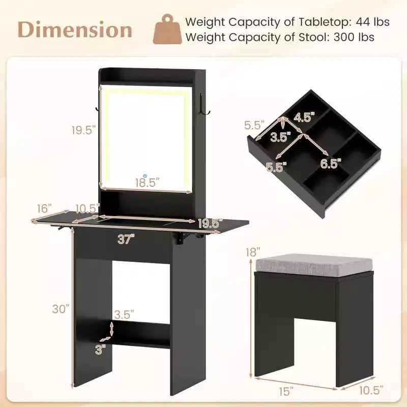 Coiffeuse avec miroir LED, tabouret, 2 tables à abattants et station de charge – Noir/Blanc