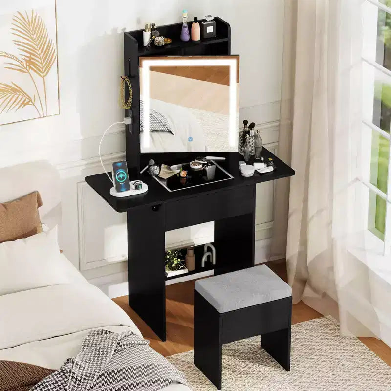 Coiffeuse avec miroir LED, tabouret, 2 tables à abattants et station de charge – Noir/Blanc