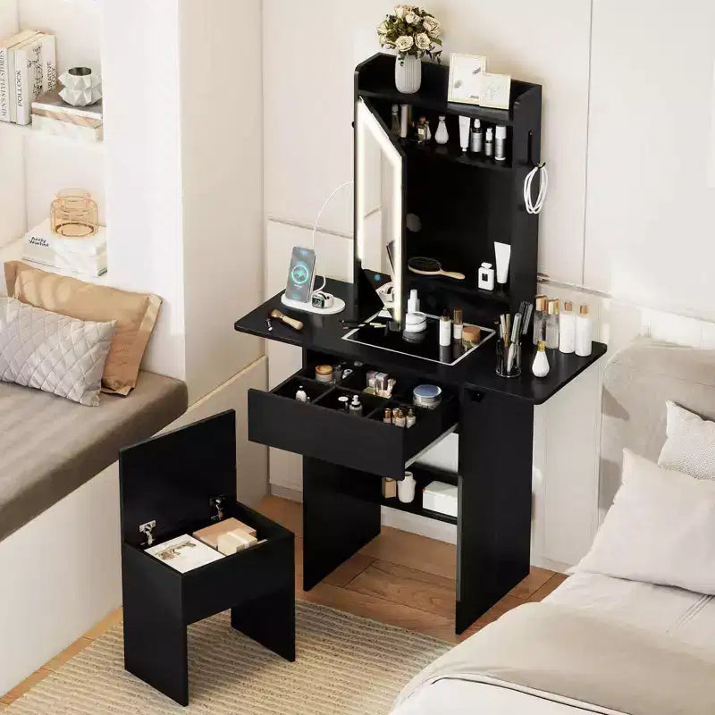 Coiffeuse avec miroir LED, tabouret, 2 tables à abattants et station de charge – Noir/Blanc