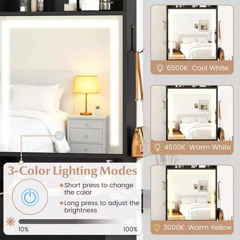 Coiffeuse avec miroir LED, tabouret, 2 tables à abattants et station de charge – Noir/Blanc