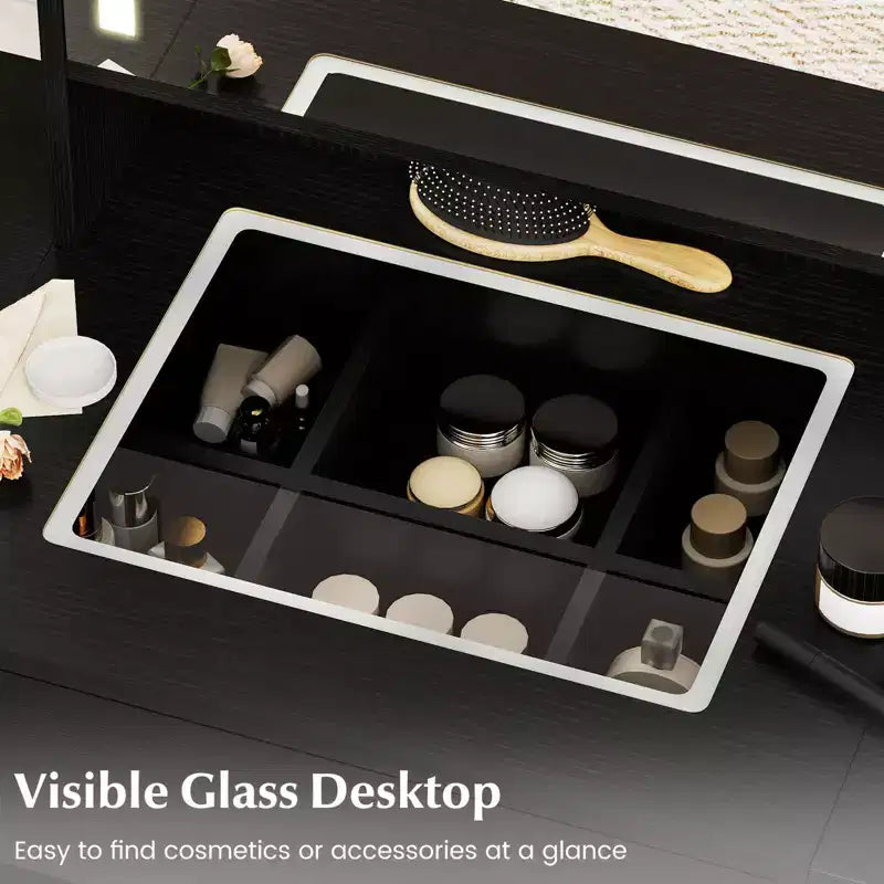 Coiffeuse avec miroir LED, tabouret, 2 tables à abattants et station de charge – Noir/Blanc