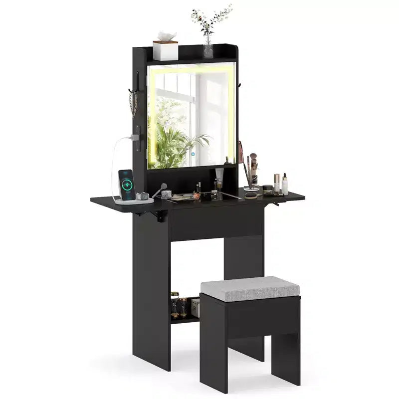 Costway Vanity Desk with Mirror & Lights, Stool, 2 Drop Leaf Tables, Charging Station Black/White