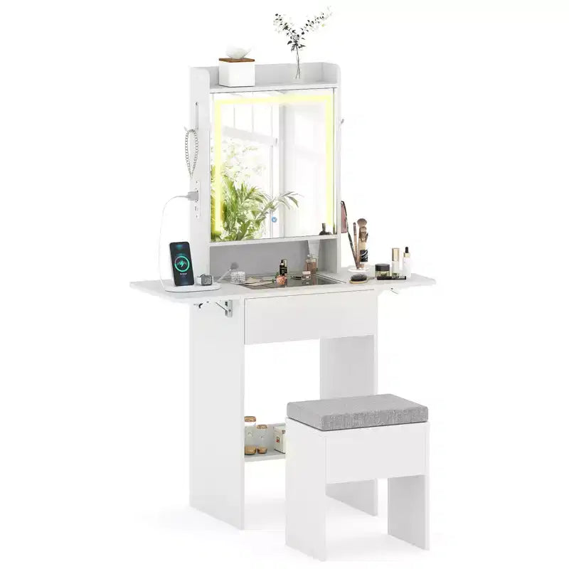 Coiffeuse avec miroir LED, tabouret, 2 tables à abattants et station de charge – Noir/Blanc