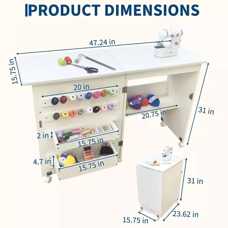Table pliante pour machine à coudre avec roulettes verrouillables, étagères de rangement, tiroirs et loquets magnétiques