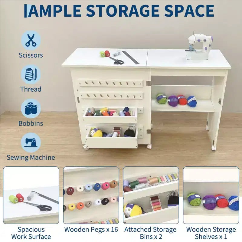 Table pliante pour machine à coudre avec roulettes verrouillables, étagères de rangement, tiroirs et loquets magnétiques