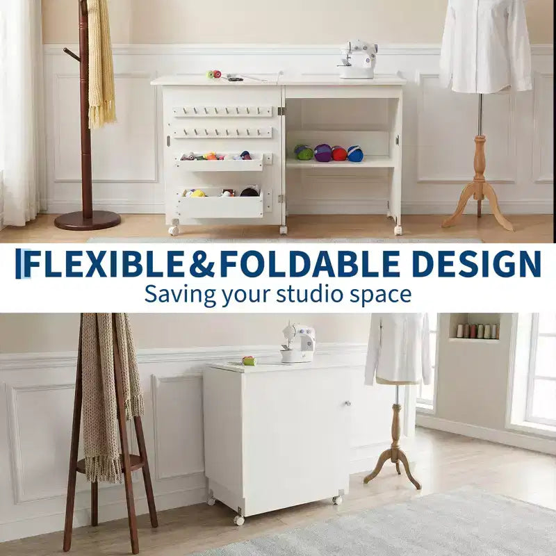 Table pliante pour machine à coudre avec roulettes verrouillables, étagères de rangement, tiroirs et loquets magnétiques