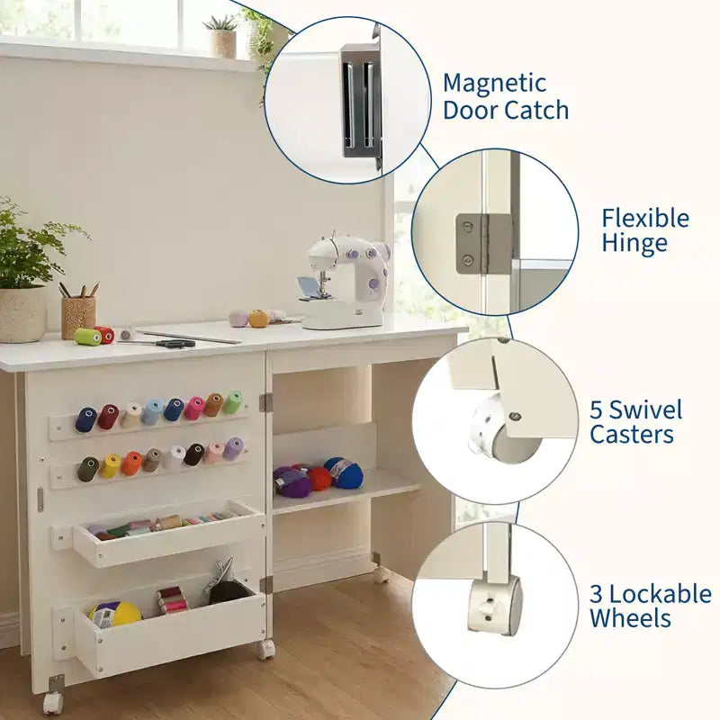 Table pliante pour machine à coudre avec roulettes verrouillables, étagères de rangement, tiroirs et loquets magnétiques